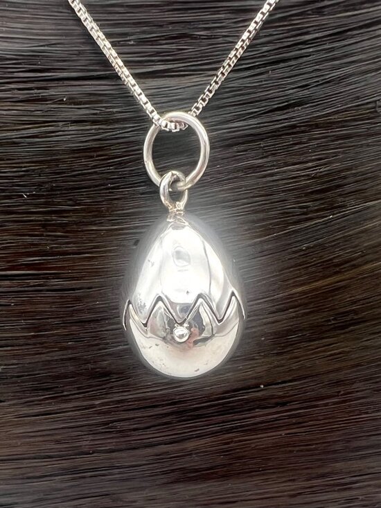 Jewelry - Sterling Silver Hinged Egg Pendant with Hidden Chick Necklace 24" 925 Chain